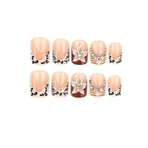 French Tip Press on Nails Short Square Leopard Flower Design - color: Brown Black Gold Pink