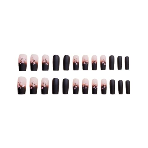 Spring Press on Nails Medium Fake Nails Pink Black Gradient Square Press on Nails Coffin Glossy False Nail with Flowers Designs Full Cover Acrylic Nails Glue on Stick on Nail for Women 24PCS - color: W8