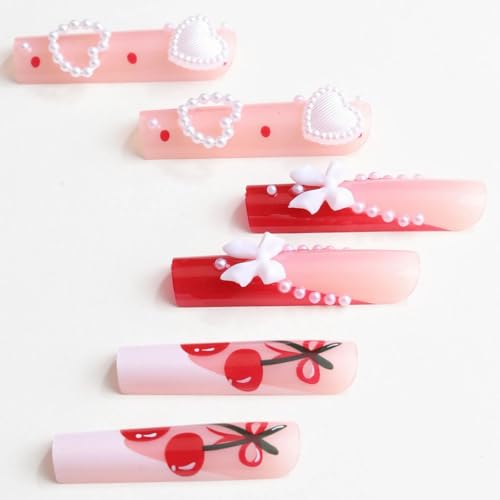 MISUD Press on Nails - Extra Long Square Glue on Nails with Red French Tip, Acrylic Cherry Bow Design 24 pcs - color: 07801Red
