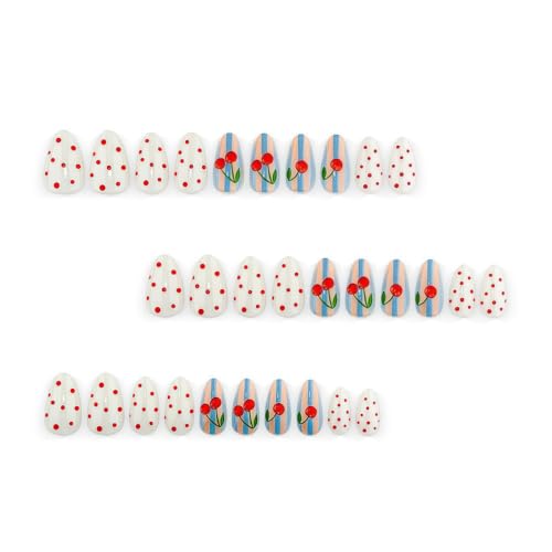 Almond Press on Nails Medium Fake Nails with Polka Dots Cherry Striped Design Reusable Glossy Full Cover Cute Stick on Nails for Women Manicure 30Pcs - color: style-33