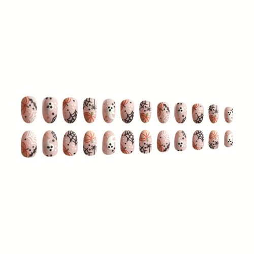 Halloween Almond Press on Nails Short Fake Nails Full Cover Cute Pumpkin Spider False Nails with Spider Web Little Ghost Designs Acrylic Nails Glossy Glue on Nails for Women Nail Art DIY 24 Pcs - color: Style 24