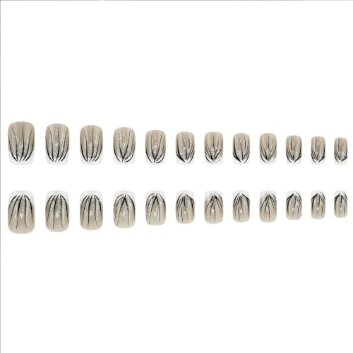 French Tip Press on Nails Medium Square Fake Nails with Glitter Lines Designs White Nails Press ons Nude Black Glue on Nails Glossy Acrylic Nails Artificial Stick on Nails for Women 24Pcs - color: Glitter Lines Designs
