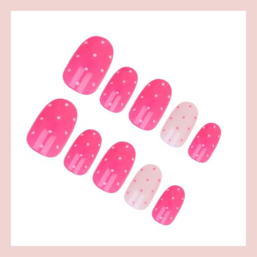 Pink Polka Dot Press On Nails Short Almond Fake Nails Full Cover Stick On - color: BD-Pink-4