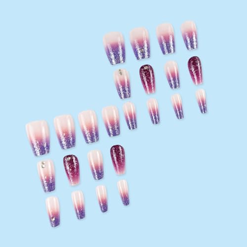 24Pcs Gradient Press on Nails Fake Nails with Rhinestones Glitter Ombre Designs Nails Press ons Purple Glue on Nails Acrylic False Nails Artificial Stick on Nails for Women - color: purple