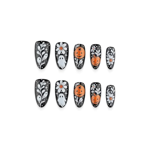 24Pcs Halloween Press On Nails Medium Almond With Ghost Pumpkin Fake Nails - color: Halloween nails-14