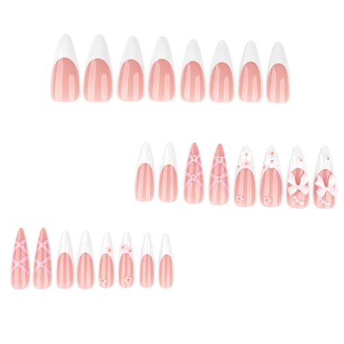 RUOKEXIN Long Almond Press on Nails French Tip Fake Nails Pink False Nails with 3D Bow Flower Designs Stiletto Nail Press ons Sparkly Artificial Nails for Women 24Pcs - color: Almond Style 11-14