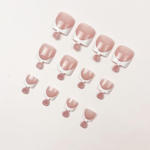 CTTHNBD 48Pcs Press on Nails Square & Press on Toenails Set, White French Tip Fake Nails with Glitter Design - for Women Manicure - color: Bling Pink