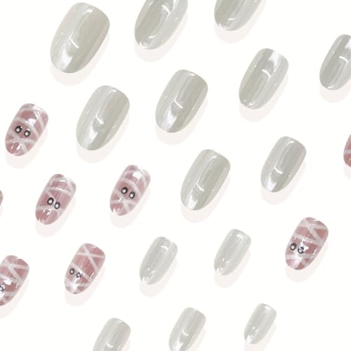 Halloween Press on Nails Short Oval Nails Press on Mummy False Nails - color: Halloween26-Nude-3