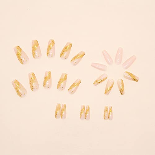 MISUD Press on Nails - Long Coffin Glue on Nails with Bling Gold Glitter, Acrylic Nude Pink Design 24 pcs - color: 019A06-02Gold