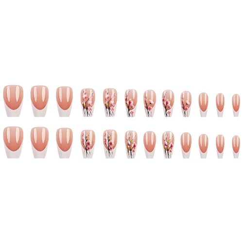 Floral Press on Nails Medium Length Fake Nails White French Tip Press ones Stick on Nails with designs Acrylic Nails Nude Gel Glue on Nails Kit for Women Spring Summer Glossy False Nails 24pcs - color: style12