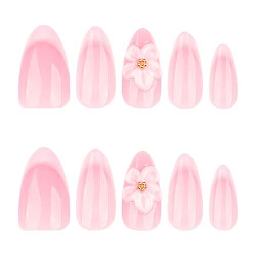 French Tip Press On Nails Almond Medium Fake Nails With 3D White Flower Design False Nails Pink Spring Acrylic Nails Press Ons Glossy Glue On Nails For Women - color: Design-4