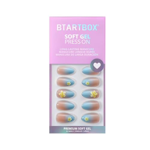 BTArtbox Press On Nails, Short Almond Blue Fake Nails, 32Pcs Full Kit - color: A1-Garden Party