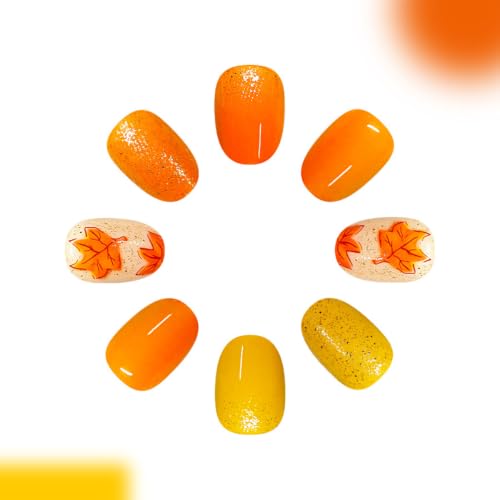 Fall Press on Nails Short Oval, Maple Leaves, Yellow, Orange - color: Style-22