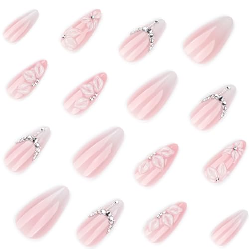 White Press on Nails - Medium Almond, 3D Handmade Floral, Rhinestone - color: Color-32