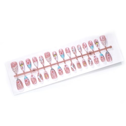 Summer French Press On Nails Medium Almond Fake Nails 3D Flower False Nails With Starfish Shell FloralDesign Reusable Glossy Stick On Nails Full Cover Glue On Nails For Women Manicure 24Pcs - color: Design-23