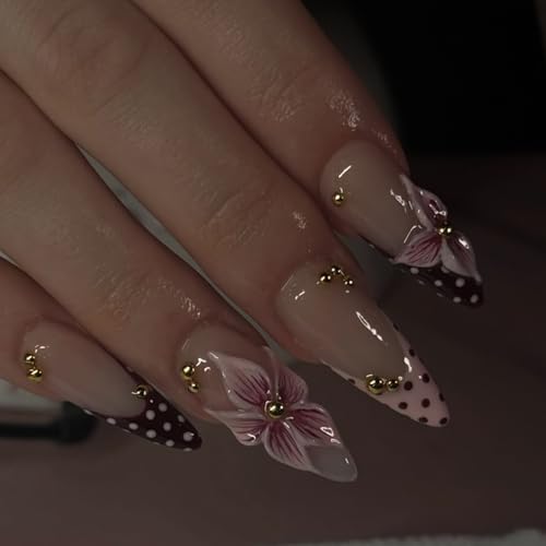 Spring Summer French Press On Nails Medium Almond Fake Nails Flower False Nails With French Polka Dot Desigh Floral Reusable Glossy Stick On Nails Full Cover Glue On Nails For Women Manicure 24Pcs - color: Design-14