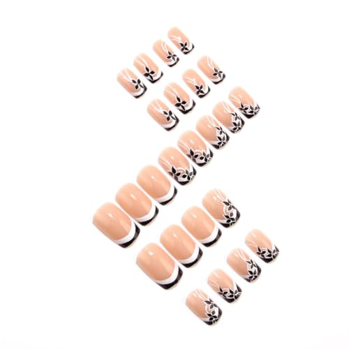 Fall Press on Nails Medium Square Fake Nails with Flower Lines Designs Autumn Nails Press ons Black White Glue on Nails Glossy Acrylic Nails Cute Stick on Nails for Women 24Pcs - color: Flower Lines Designs