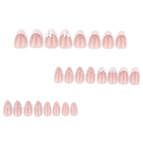 Glitter French Press On Nails Short Almond Fake Nails With Polka Dot Pearls Design False Nails Press Ons Bow Pink Acrylic Nails Glossy Glue On Nails For Women - color: Design-9
