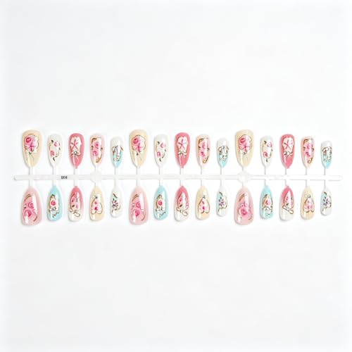 30Pcs Pink Press on Nails Medium Almond Fake Nails with 3D Flower Rhinestone Bow Design Rose Tulip Gold Gilding False Nail Pink Flower Full Cover Acrylic Nail Glossy Cute Floral Glue on Nail for Women - color: rose diamond bow