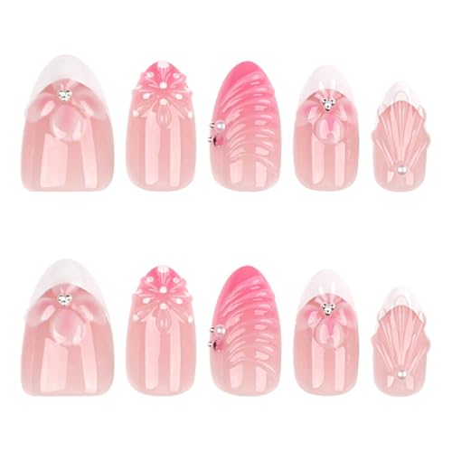 Press on Nails Short Almond - White French Tip with 3D Floral - color: D-55