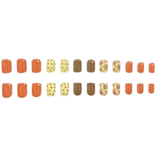 Autumn Press on Nails Short Square Fake Nails with Maple Polka Dot Designs Glossy Nails Press ons Orange Yellow Brown Glue on Nails Full Cover Acrylic Nails Fall Stick on Nails for Women 24Pcs - color: 13