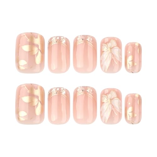 Short Square Press on Nails Gold Fake Nails Butterfly False Nails with Design Glossy Short Nail Press ons Full Cover Acrylic Nails for Women 24Pcs - color: style 35