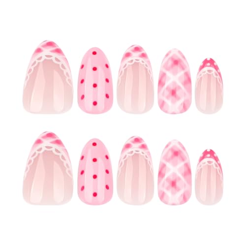 Pink Press on Nails with Polka Dot Checkered Design - Lace French Tips Fake Nails Short Almond False Nails Full Cover Glossy Stick on Nails Manicure Kit for Women 24PCS - color: Style-03