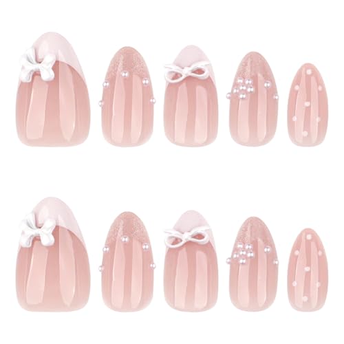 Glitter French Press On Nails Short Almond Fake Nails With Polka Dot Pearls Design False Nails Press Ons Bow Pink Acrylic Nails Glossy Glue On Nails For Women - color: Design-9