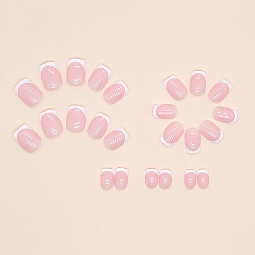 White French Tip Press on Nails Short Square Fake Nails Glossy Pink False Nails with Glue on Nails Reusable Full Cover Stick on Nails Acrylic Artificial Nails for Women DIY Nails Art Decoration