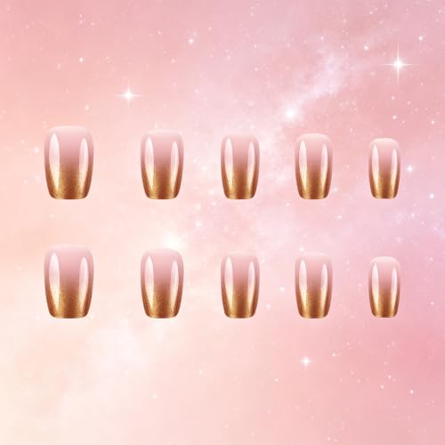 Press on Nails Gold Chrome French Tips Ombre Short Square Fake Nail - color: Gold French