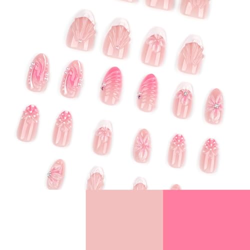 Press on Nails Short Almond - White French Tip with 3D Floral - color: D-55