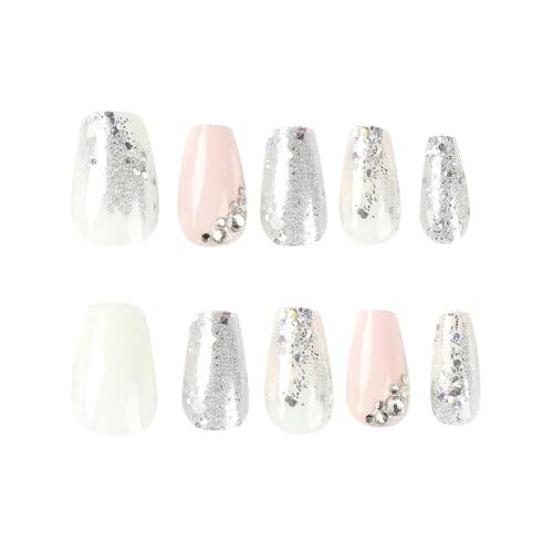 24Pcs Sequins Press on Nails Short Coffin Fake Nails with Rhinestones Glitter Gradient Full Cover Designs Nails Press ons Pink White Glue on Nails Reusable Stick on Nails for Women - color: pink white-2