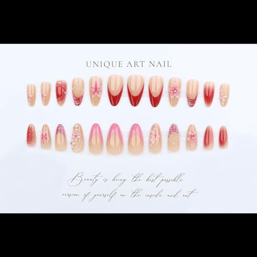 Medium Almond Press on Nails - 3D Pink Flowers - color: D-33