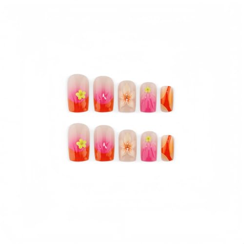 Press on nails Medium Square Flower&Water Ripple Design - color: Orange Pink Yellow