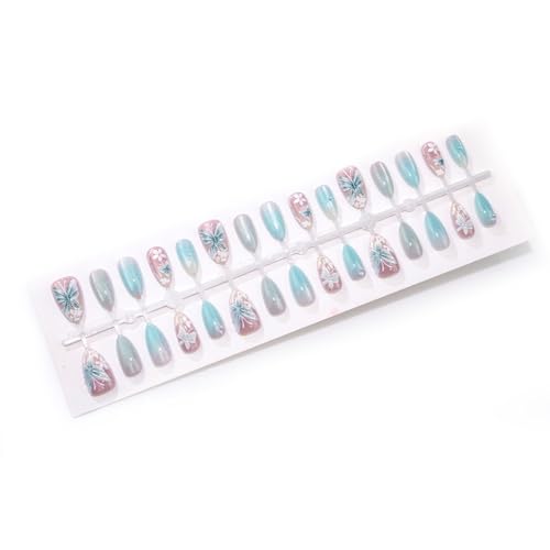 Glitter Press On Nails Medium Almond Fake Nails Press Ons With Butterfly Design Light Blue Acrylic Nails White Flower Pearl False Nails Glue On Nails For Women - color: Design-20