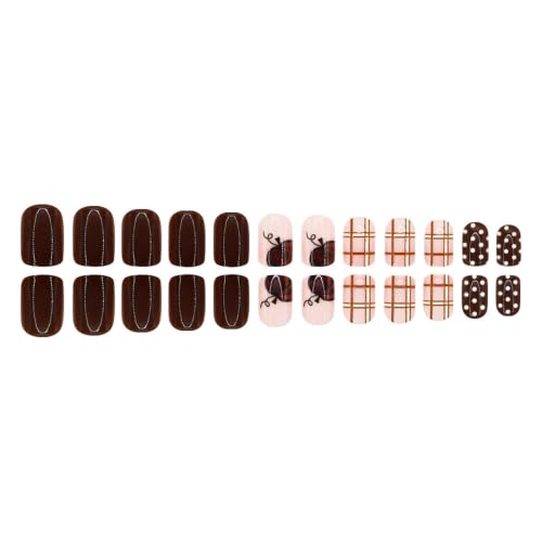 24Pcs Brown Fall Press on Nails Short Square Fake Nails with Plaid Polka Dots Designs Thanksgiving False Nails Pumpkin Glue on Nails Autumn Glossy Full Cover Stick on Nails for Women - color: Fall14