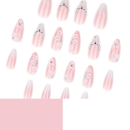 White Press on Nails - Medium Almond, 3D Handmade Floral, Rhinestone - color: Color-32