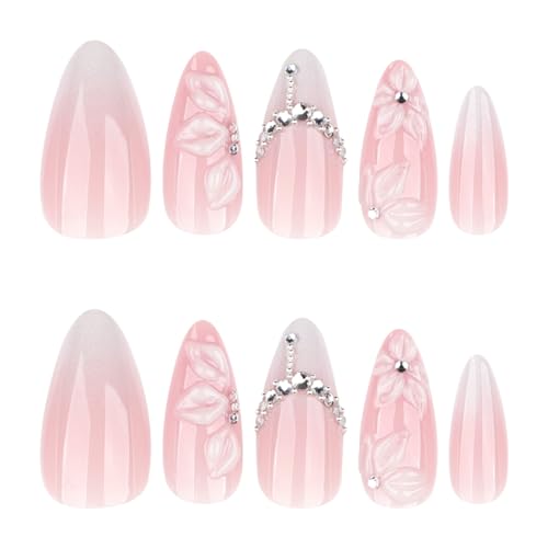 24Pcs White French Tip Press on Nails Medium Almond Fake Nails with Silver Rhinestones with Nude Pink Full Cover Glue on Nails French Designs 3D Flower False Nails Cute Spring Stick on Nails for Women