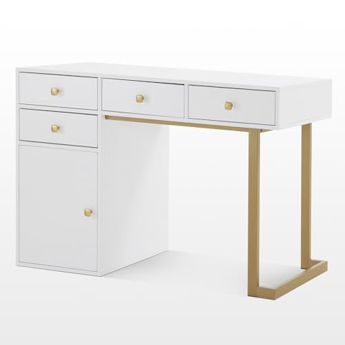 BarberPub Beauty Manicure Table with Storage Drawers, Nail Salon Desk for Nail Tech, Makeup Station with Round Handles, Beauty Equipment with Display Open Space 2990 (White&Golden) - color: White&golden