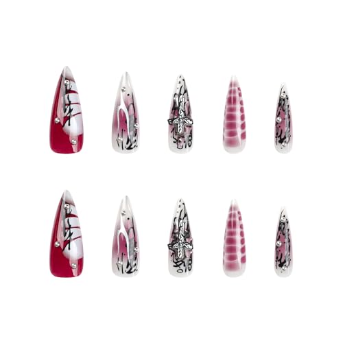 MISUD Press on Nails - Long Stiletto Glue on Nails with Goth Red Black, Acrylic Gothic Corss Design 24 pcs - color: 02301Black&Red