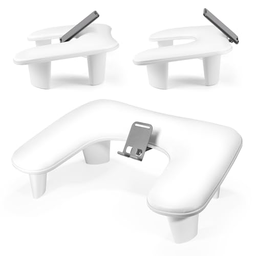 LIONVISON Arm Rest for Nails Tech: U Shaped Ergonomic Nail Hand Rest Stand PU Leather with Rotating Phone Holder for Nail Salon Manicurist (White) - color: White with Phone Holder