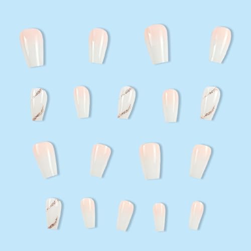 24Pcs Coffin Press on Nails Short Fake Nails with Glitter Lines Gradient Full Cover Designs Nails Press ons White Glue on Nails Reusable False Nails Simple Stick on Nails for Women - color: white