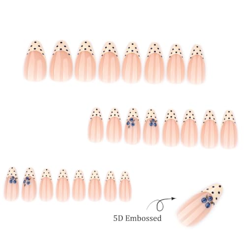 Medium Almond Press on Nails Yellow French Tip Fake Nail Polka Dots Acrylic - color: BD-Yellow Nude-12