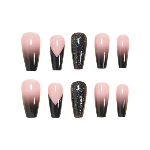 MISUD Press on Nails - Long Coffin Fake Nails with Goth Black, Acrylic Bling Glitter Design 24 pcs - color: 019A05-09Black