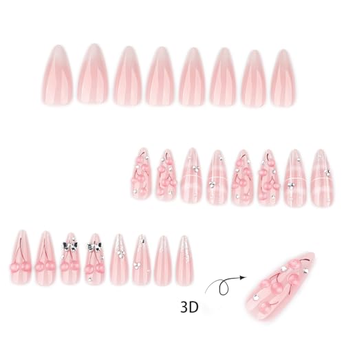 Almond Press On Nails Medium Long Fake Nails Press Ons With 3D Cherry Rhinestone Design Acrylic Nails Silver Bow False Nails Pink Glossy Glue On Nails For Women - color: Design-10