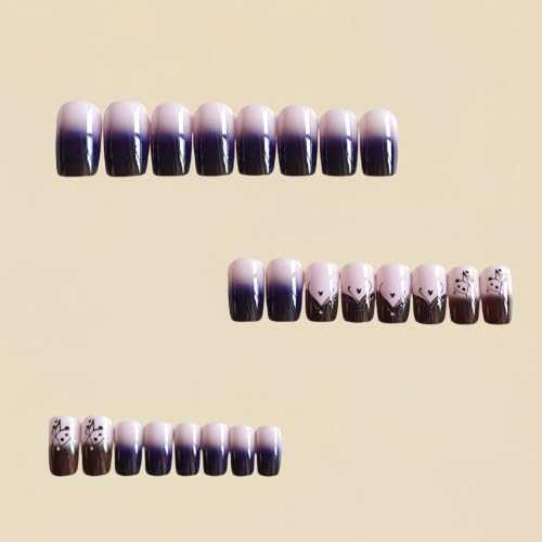 Square Press on Nails Medium Fake Nails with Ombre Designs Love Nails Press ons Black Glue on Nails Glossy False Nails Lines Stick on Nails for Women 24Pcs - color: Ombre Designs-2