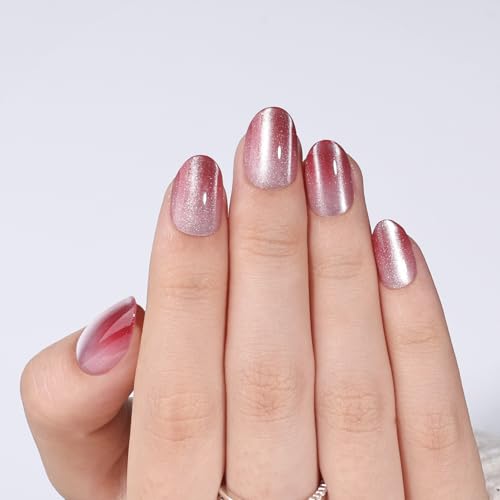 Light Berry Pink Cat Eye Press On Nails, Short Oval Reusable Nails - color: F3-Rose Glow