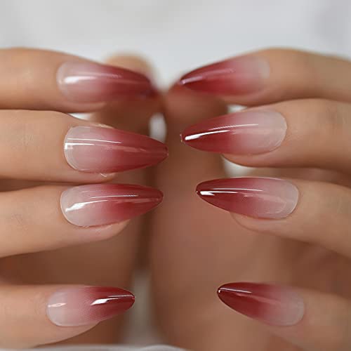 Coolnail Red Ombre Press on Nails Gradient UV Finish Design Medium Long Almond Shape False Fake Nail Pointed Reusable Nail Kit for Women - color: L5971