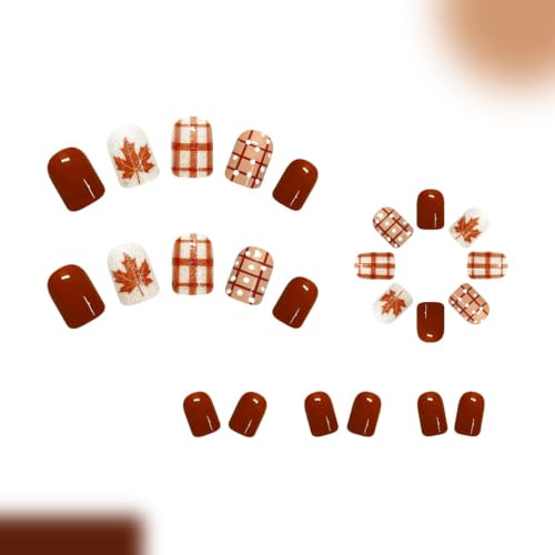 Fall Press on Nails Short Square Brown Plaid Maple Leaf Polka Dot - color: Style-27