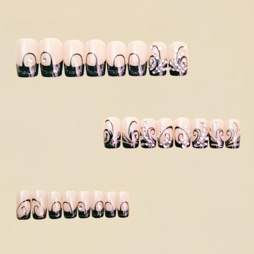 Medium Press on Nails Square Black Lines Rhinestones Fake Nails 24Pcs - color: Black